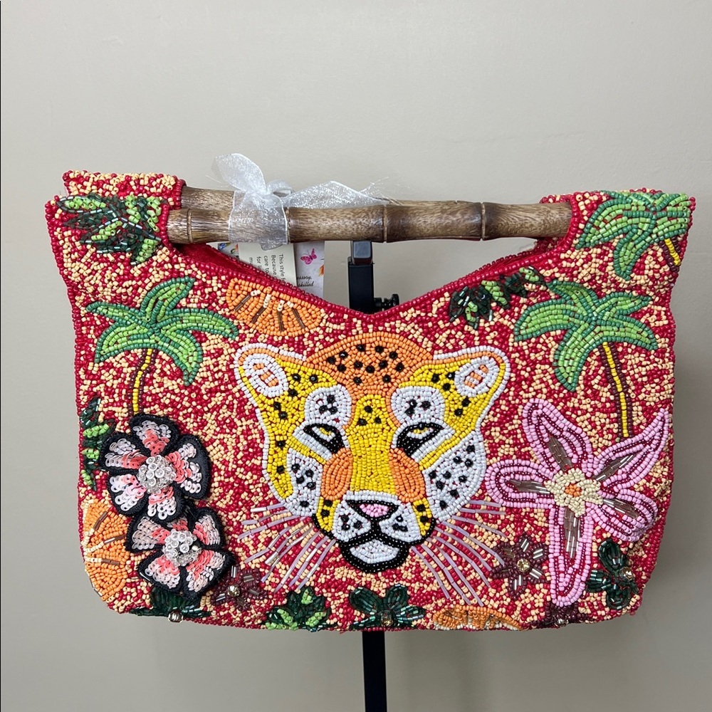 Handcrafted In India | Safari Jungle Jaguar 🐆 Floral Beaded Bag w/ Wood Handles